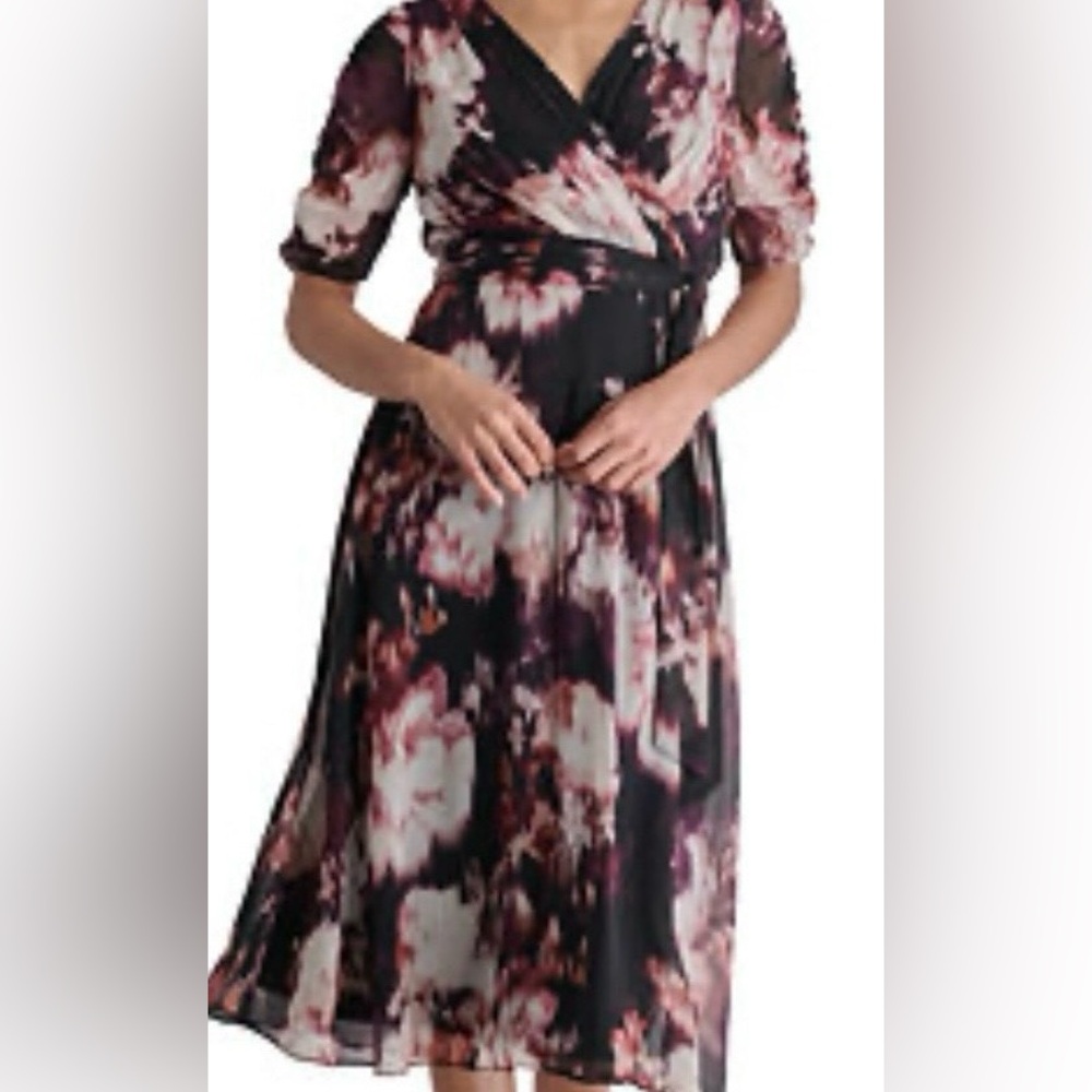 DKNY Purple and Pink Floral Midi Dress NWT